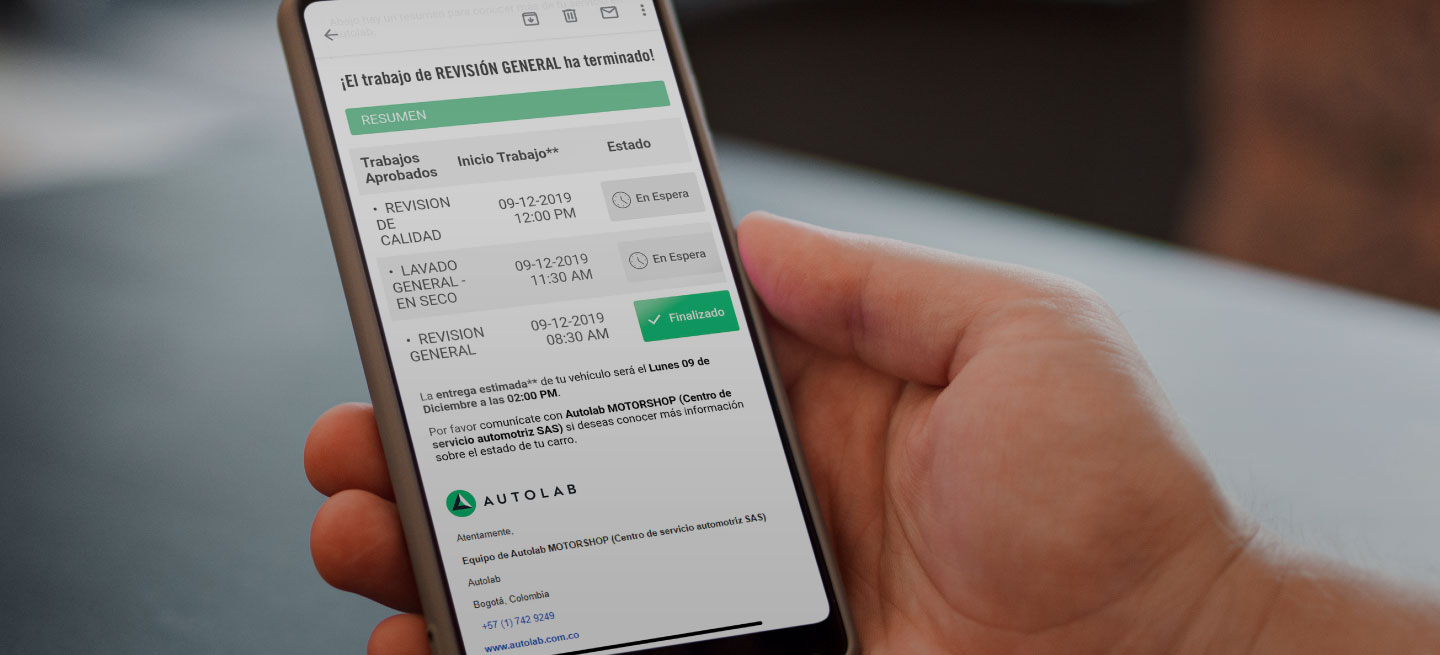 Reportes digitales de Autolab en un celular